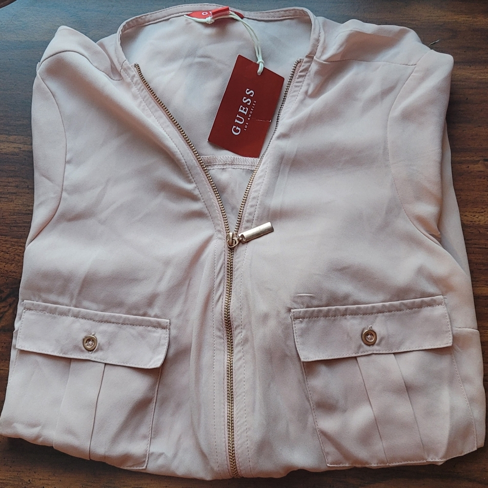 NWT Guess Blush Pink Zip Front Semi Sheer Long Sleeve Blouse Large